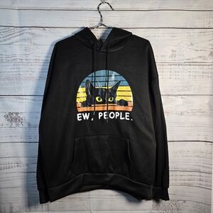 Black “Ew, People” Graphic Cat Hoodie – Unisex XXL Cozy Fit